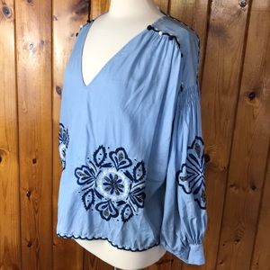 Zara chambray blouse w/Poof sleeve and bead detail